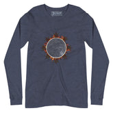 A heather navy blue Xigfireon long sleeve graphic tee featuring the Eclipsed iteration of the Morning Star Fire Celtic knot design, inspired by the 2023 Annular Solar Eclipse.