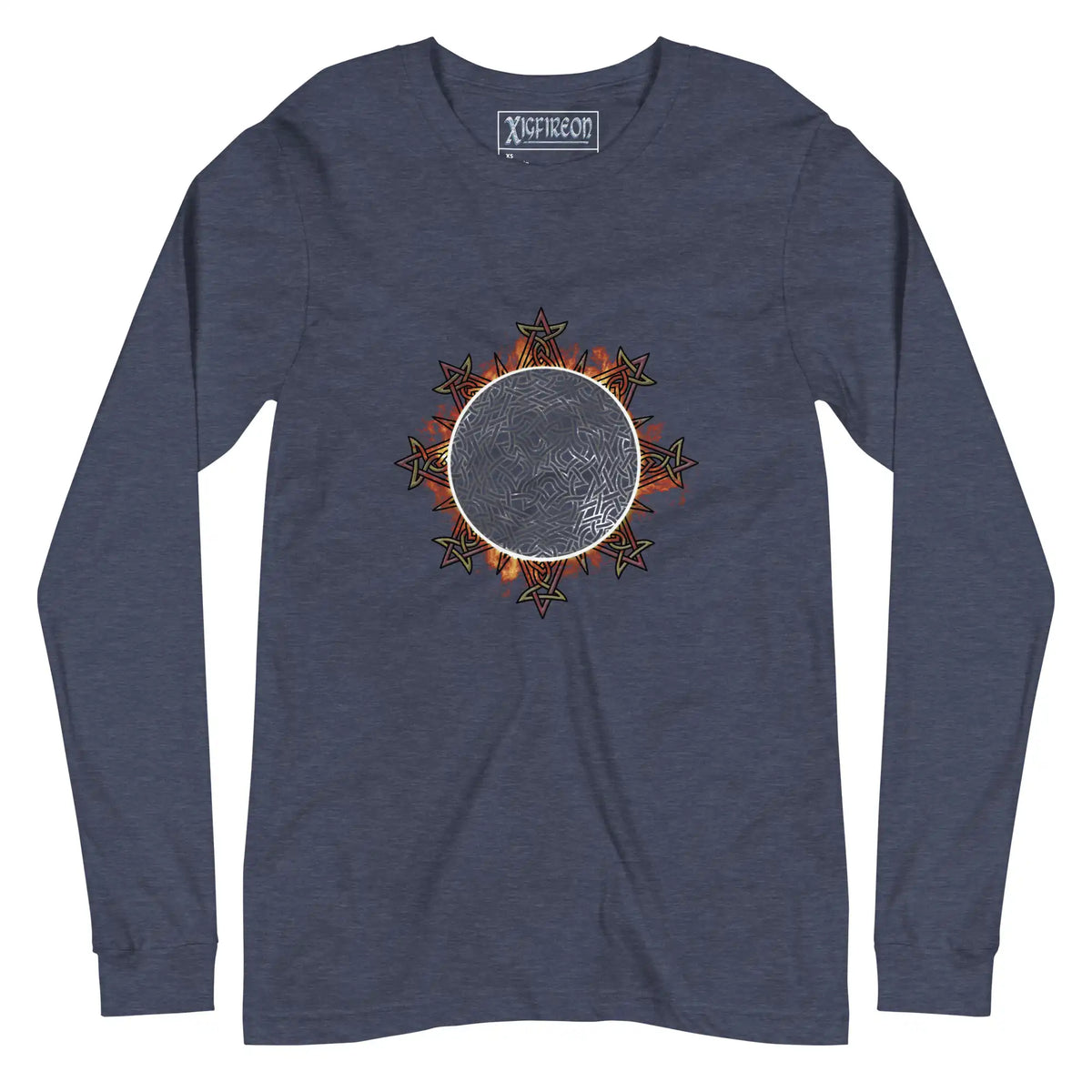 A heather navy blue Xigfireon long sleeve graphic tee featuring the Eclipsed iteration of the Morning Star Fire Celtic knot design, inspired by the 2023 Annular Solar Eclipse.