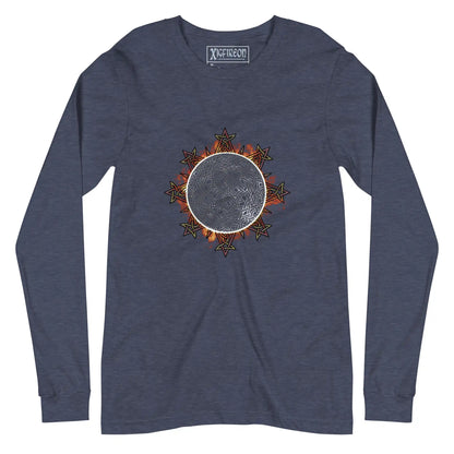 A heather navy blue Xigfireon long sleeve graphic tee featuring the Eclipsed iteration of the Morning Star Fire Celtic knot design, inspired by the 2023 Annular Solar Eclipse.