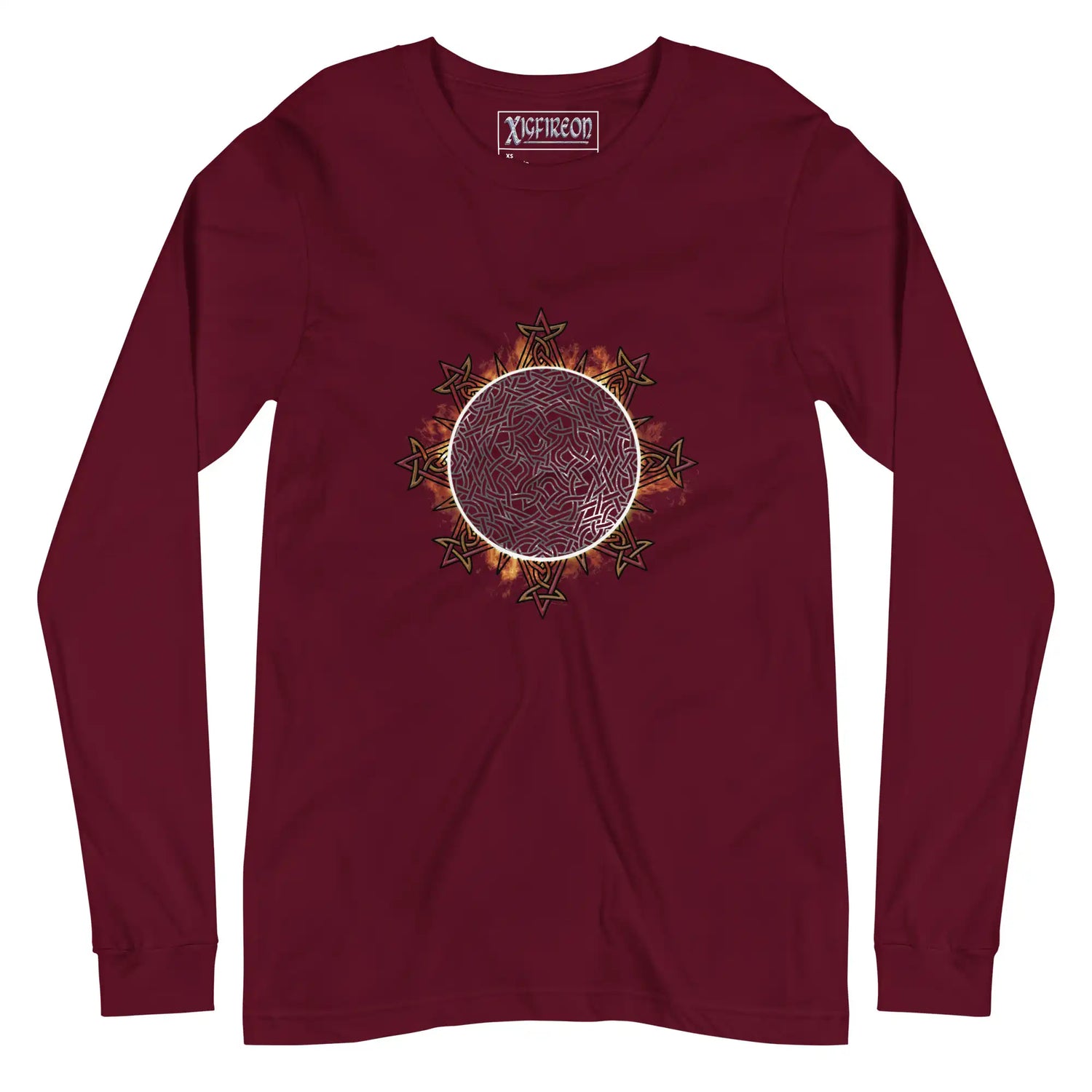 A maroon Xigfireon long sleeve graphic tee featuring the Eclipsed iteration of the Morning Star Fire Celtic knot design, inspired by the 2023 Annular Solar Eclipse.