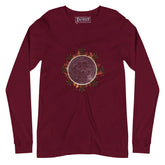 A maroon Xigfireon long sleeve graphic tee featuring the Eclipsed iteration of the Morning Star Fire Celtic knot design, inspired by the 2023 Annular Solar Eclipse.
