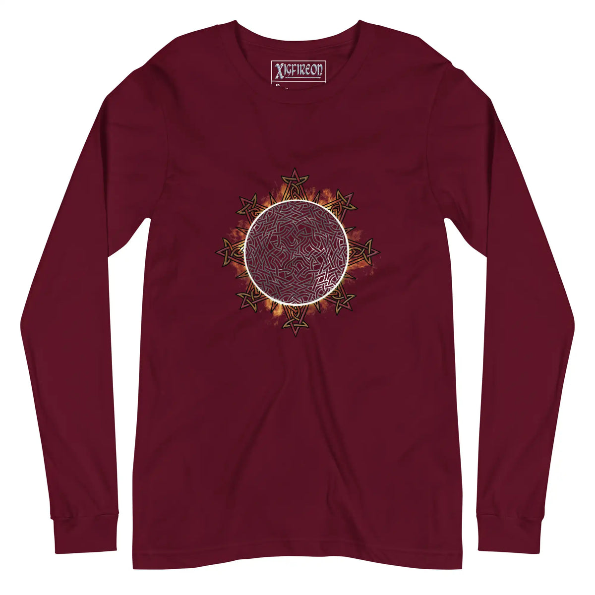 A maroon Xigfireon long sleeve graphic tee featuring the Eclipsed iteration of the Morning Star Fire Celtic knot design, inspired by the 2023 Annular Solar Eclipse.