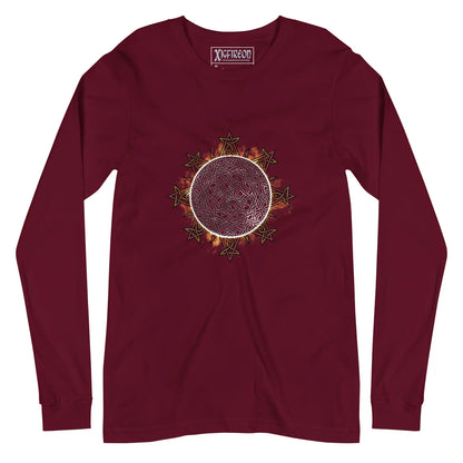 A maroon Xigfireon long sleeve graphic tee featuring the Eclipsed iteration of the Morning Star Fire Celtic knot design, inspired by the 2023 Annular Solar Eclipse.
