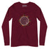 A maroon Xigfireon long sleeve graphic tee featuring the Eclipsed iteration of the Morning Star Fire Celtic knot design, inspired by the 2023 Annular Solar Eclipse.