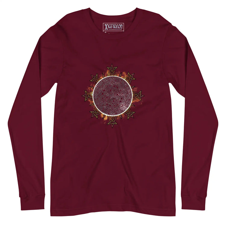 A maroon Xigfireon long sleeve graphic tee featuring the Eclipsed iteration of the Morning Star Fire Celtic knot design, inspired by the 2023 Annular Solar Eclipse.