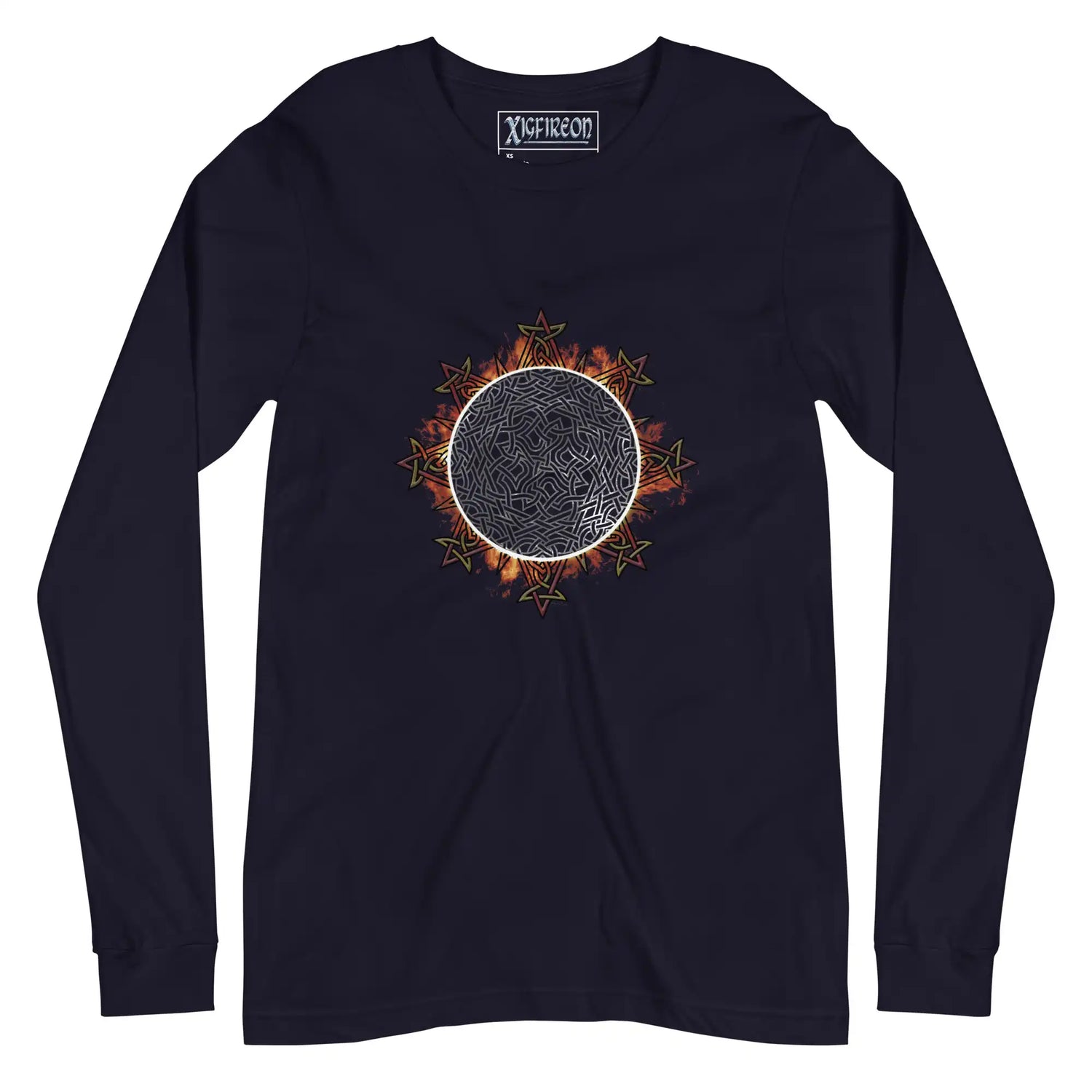A navy blue Xigfireon long sleeve graphic tee featuring the Eclipsed iteration of the Morning Star Fire Celtic knot design, inspired by the 2023 Annular Solar Eclipse.