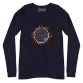 A navy blue Xigfireon long sleeve graphic tee featuring the Eclipsed iteration of the Morning Star Fire Celtic knot design, inspired by the 2023 Annular Solar Eclipse.