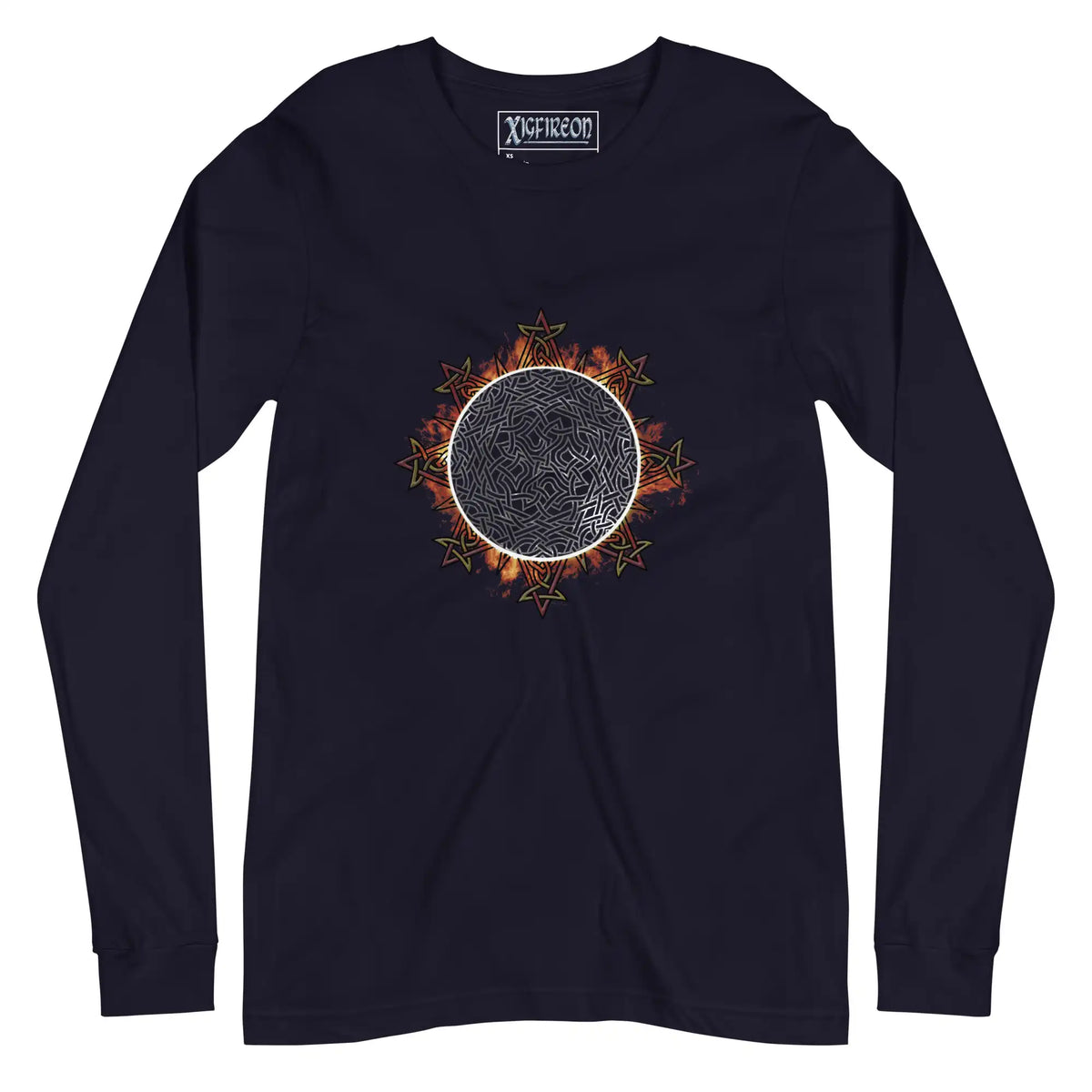 A navy blue Xigfireon long sleeve graphic tee featuring the Eclipsed iteration of the Morning Star Fire Celtic knot design, inspired by the 2023 Annular Solar Eclipse.