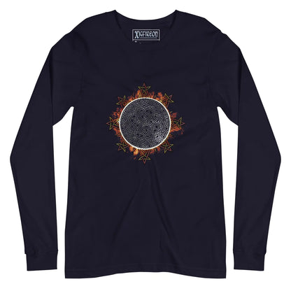 A navy blue Xigfireon long sleeve graphic tee featuring the Eclipsed iteration of the Morning Star Fire Celtic knot design, inspired by the 2023 Annular Solar Eclipse.