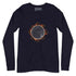 A navy blue Xigfireon long sleeve graphic tee featuring the Eclipsed iteration of the Morning Star Fire Celtic knot design, inspired by the 2023 Annular Solar Eclipse.