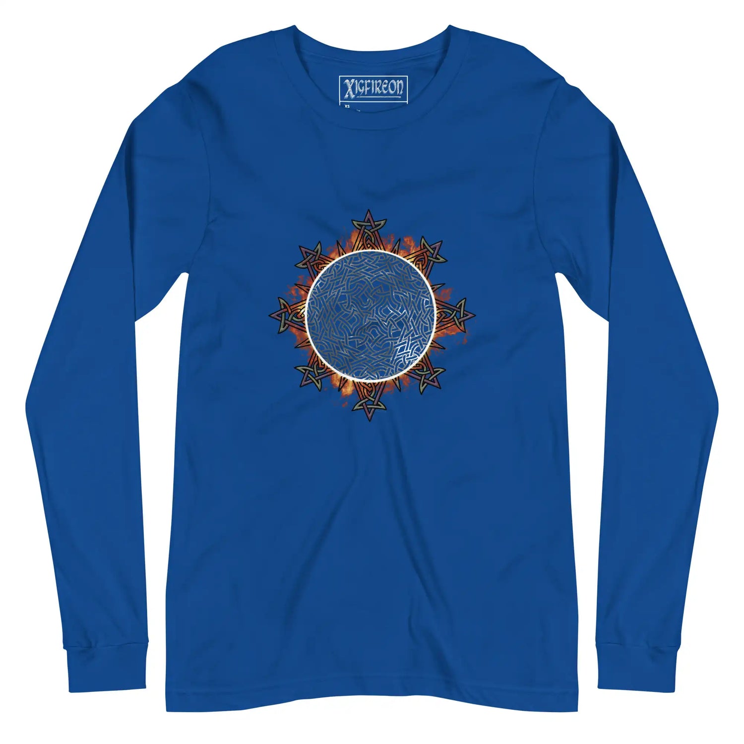 A true royal blue Xigfireon long sleeve graphic tee featuring the Eclipsed iteration of the Morning Star Fire Celtic knot design, inspired by the 2023 Annular Solar Eclipse.