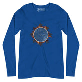 A true royal blue Xigfireon long sleeve graphic tee featuring the Eclipsed iteration of the Morning Star Fire Celtic knot design, inspired by the 2023 Annular Solar Eclipse.