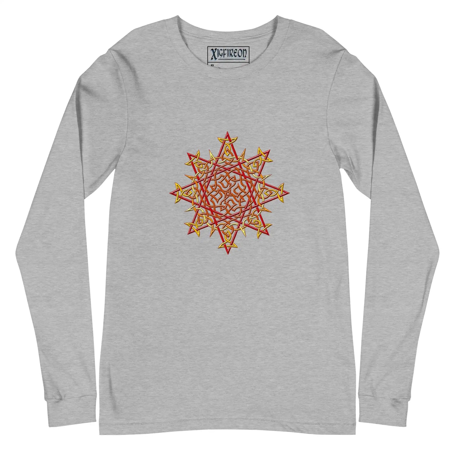 An athletic heather Xigfireon long sleeve graphic t-shirt featuring the Fire Colour iteration of the Morning Star Fire Celtic knot design. The Morning Star Fire Celtic knot is a Sun symbol.