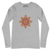 An athletic heather Xigfireon long sleeve graphic t-shirt featuring the Fire Colour iteration of the Morning Star Fire Celtic knot design. The Morning Star Fire Celtic knot is a Sun symbol.