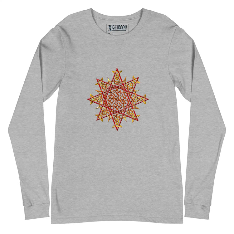 An athletic heather Xigfireon long sleeve graphic t-shirt featuring the Fire Colour iteration of the Morning Star Fire Celtic knot design. The Morning Star Fire Celtic knot is a Sun symbol.