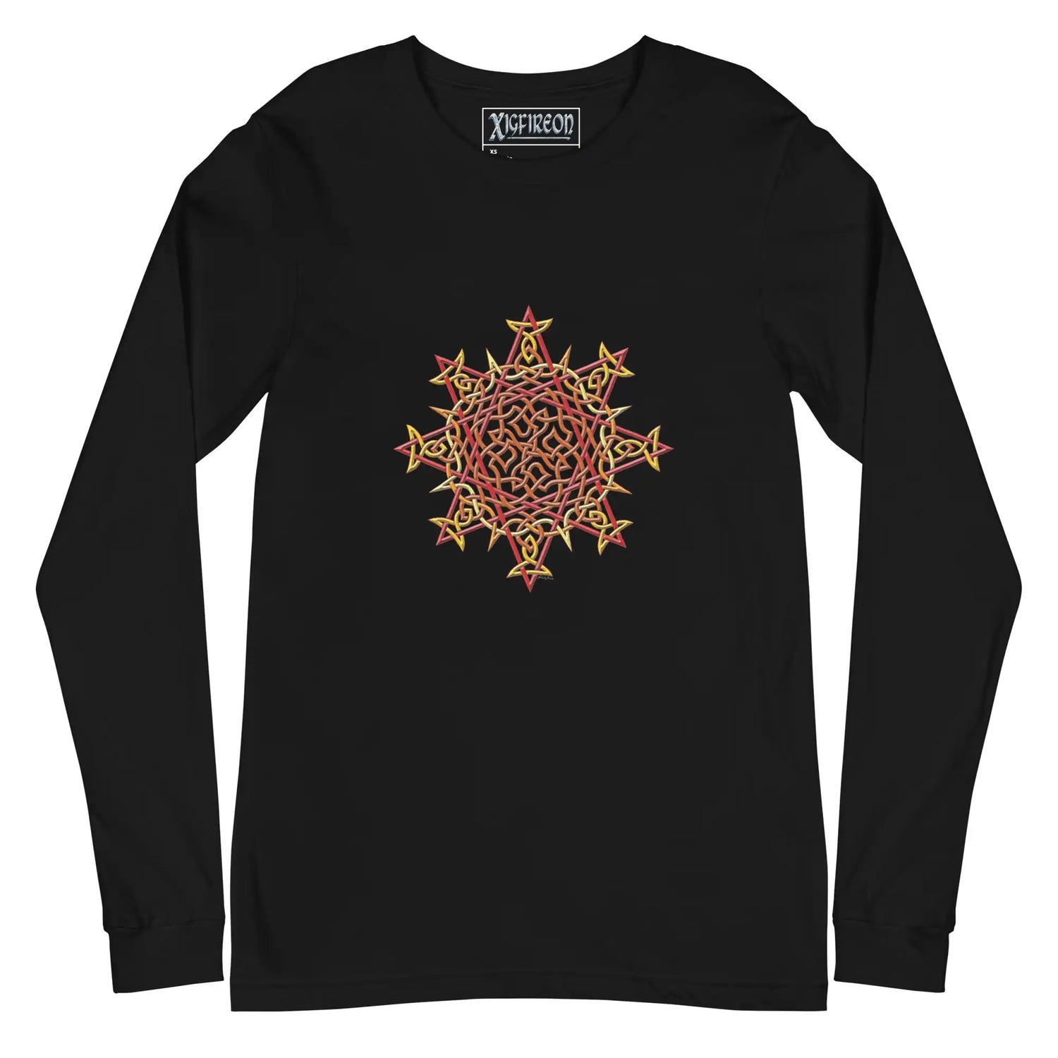 A black Xigfireon long sleeve graphic t-shirt featuring the Fire Colour iteration of the Morning Star Fire Celtic knot design. The Morning Star Fire Celtic knot is a Sun symbol.