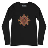 A black Xigfireon long sleeve graphic t-shirt featuring the Fire Colour iteration of the Morning Star Fire Celtic knot design. The Morning Star Fire Celtic knot is a Sun symbol.