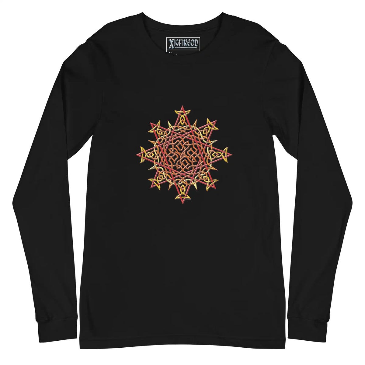 A black Xigfireon long sleeve graphic t-shirt featuring the Fire Colour iteration of the Morning Star Fire Celtic knot design. The Morning Star Fire Celtic knot is a Sun symbol.
