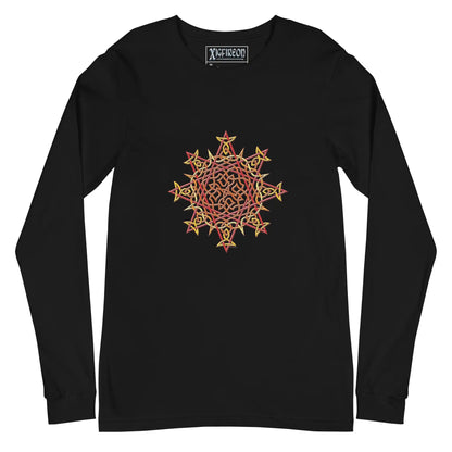 A black Xigfireon long sleeve graphic t-shirt featuring the Fire Colour iteration of the Morning Star Fire Celtic knot design. The Morning Star Fire Celtic knot is a Sun symbol.