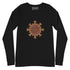 A black Xigfireon long sleeve graphic t-shirt featuring the Fire Colour iteration of the Morning Star Fire Celtic knot design. The Morning Star Fire Celtic knot is a Sun symbol.