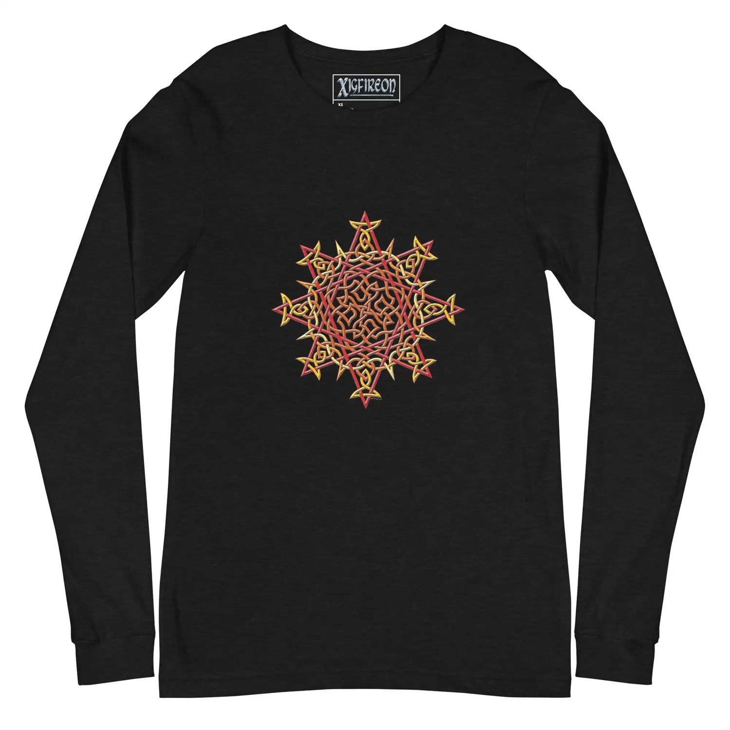 A black heather Xigfireon long sleeve graphic t-shirt featuring the Fire Colour iteration of the Morning Star Fire Celtic knot design. The Morning Star Fire Celtic knot is a Sun symbol.