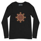 A black heather Xigfireon long sleeve graphic t-shirt featuring the Fire Colour iteration of the Morning Star Fire Celtic knot design. The Morning Star Fire Celtic knot is a Sun symbol.