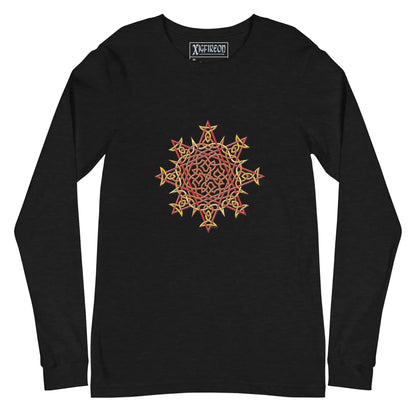 A black heather Xigfireon long sleeve graphic t-shirt featuring the Fire Colour iteration of the Morning Star Fire Celtic knot design. The Morning Star Fire Celtic knot is a Sun symbol.