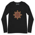 A black heather Xigfireon long sleeve graphic t-shirt featuring the Fire Colour iteration of the Morning Star Fire Celtic knot design. The Morning Star Fire Celtic knot is a Sun symbol.