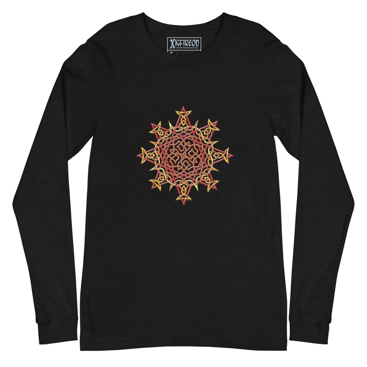 A black heather Xigfireon long sleeve graphic t-shirt featuring the Fire Colour iteration of the Morning Star Fire Celtic knot design. The Morning Star Fire Celtic knot is a Sun symbol.