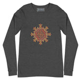 A dark grey heather Xigfireon long sleeve graphic t-shirt featuring the Fire Colour iteration of the Morning Star Fire Celtic knot design. The Morning Star Fire Celtic knot is a Sun symbol.