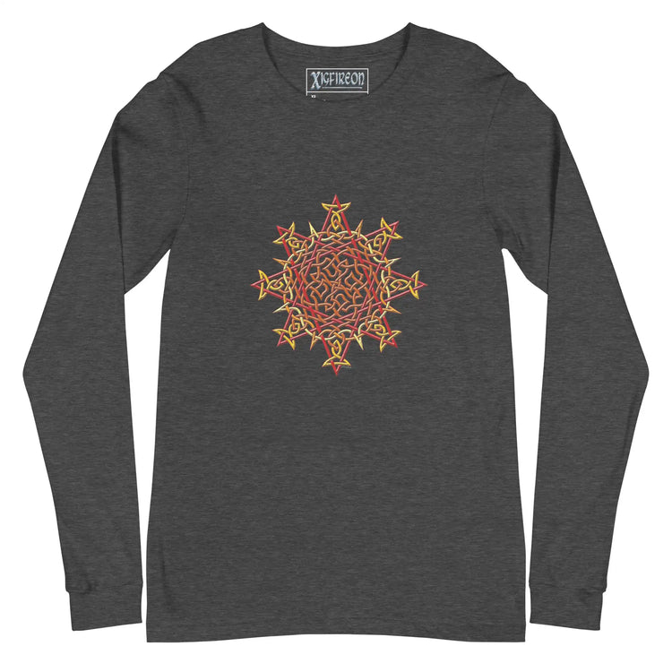 A dark grey heather Xigfireon long sleeve graphic t-shirt featuring the Fire Colour iteration of the Morning Star Fire Celtic knot design. The Morning Star Fire Celtic knot is a Sun symbol.