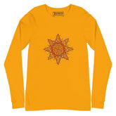 A gold Xigfireon long sleeve graphic t-shirt featuring the Fire Colour iteration of the Morning Star Fire Celtic knot design. The Morning Star Fire Celtic knot is a Sun symbol.