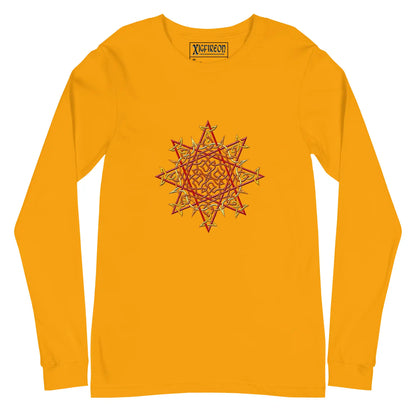 A gold Xigfireon long sleeve graphic t-shirt featuring the Fire Colour iteration of the Morning Star Fire Celtic knot design. The Morning Star Fire Celtic knot is a Sun symbol.