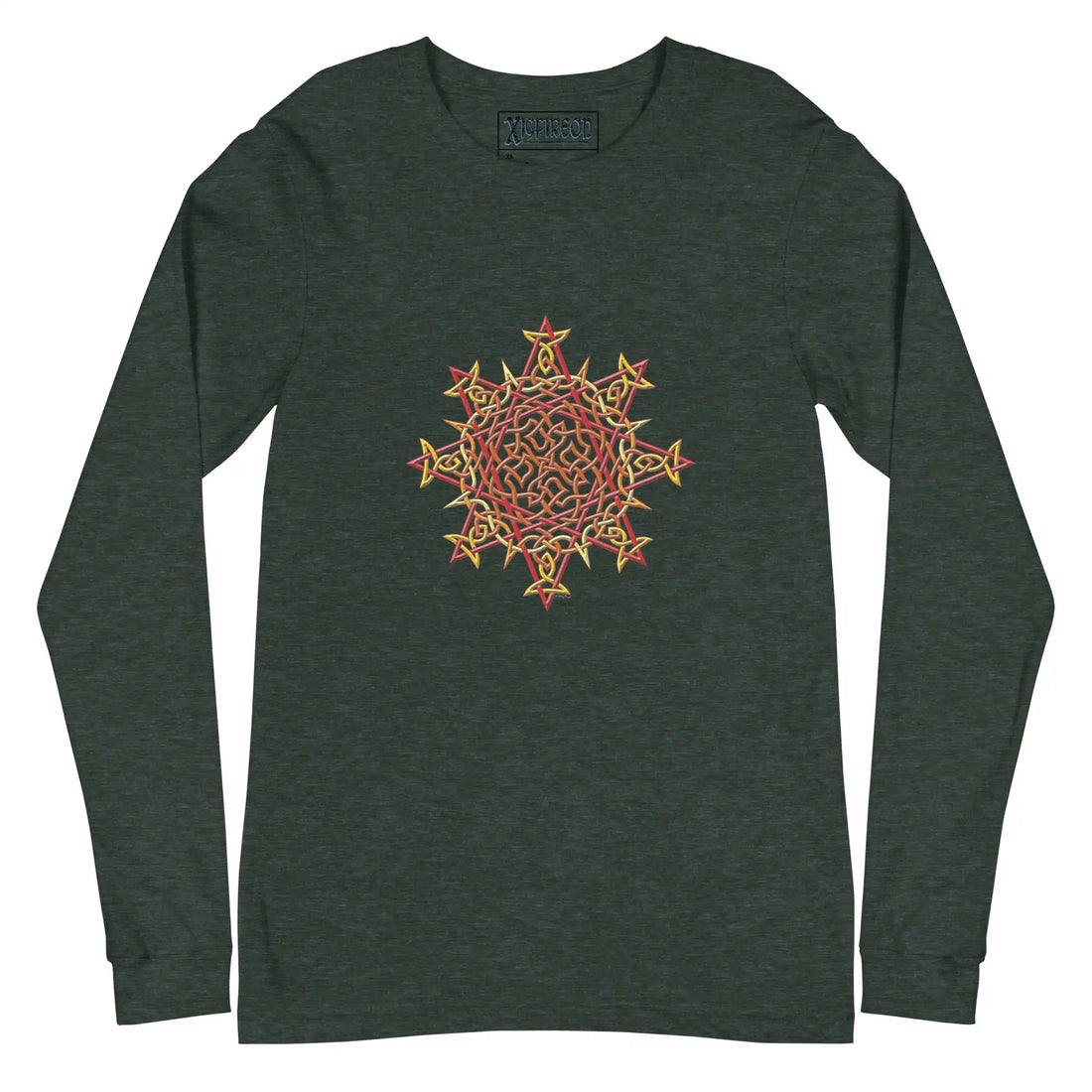 A heather forest green Xigfireon long sleeve graphic t-shirt featuring the Fire Colour iteration of the Morning Star Fire Celtic knot design. The Morning Star Fire Celtic knot is a Sun symbol.
