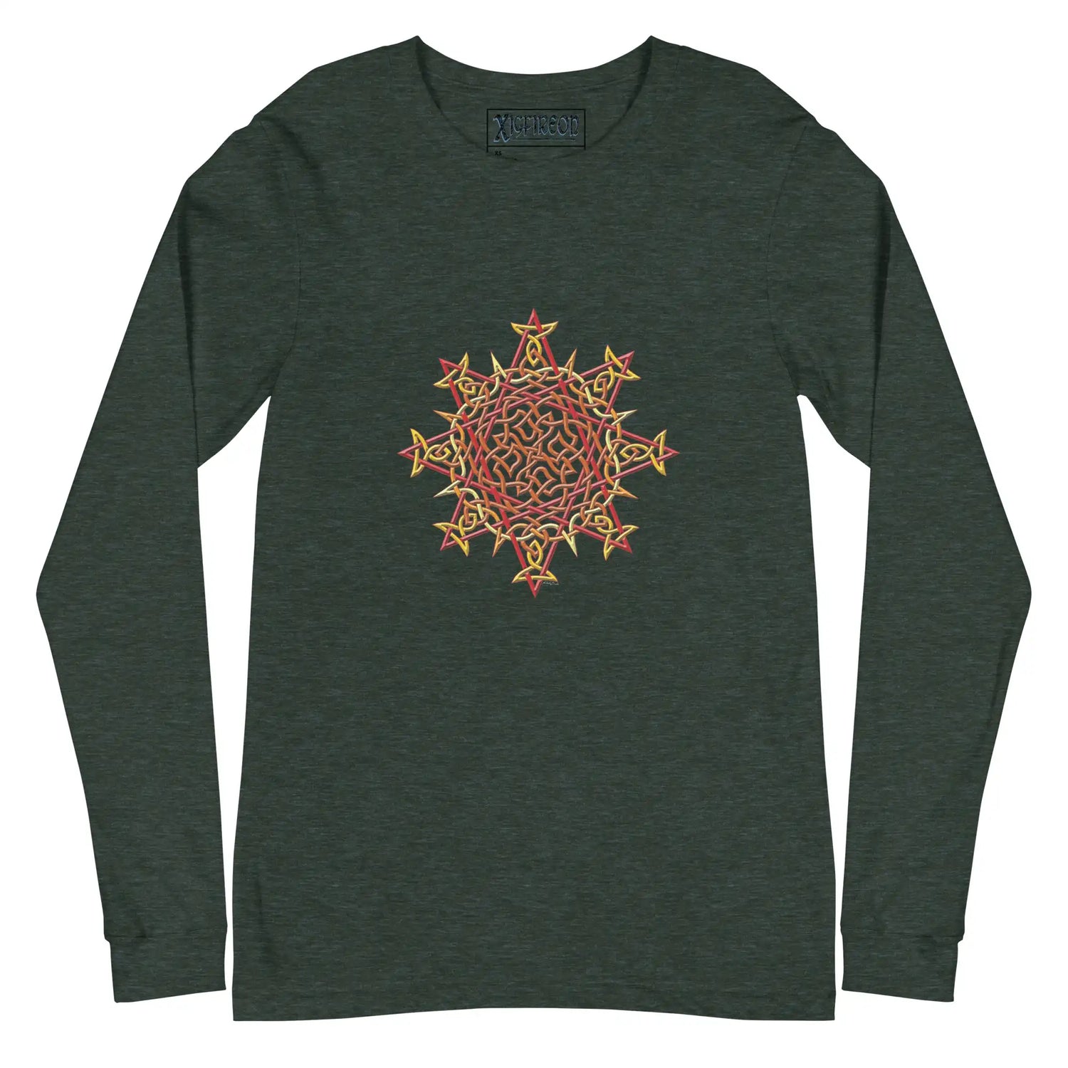 A heather forest green Xigfireon long sleeve graphic t-shirt featuring the Fire Colour iteration of the Morning Star Fire Celtic knot design. The Morning Star Fire Celtic knot is a Sun symbol.