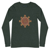A heather forest green Xigfireon long sleeve graphic t-shirt featuring the Fire Colour iteration of the Morning Star Fire Celtic knot design. The Morning Star Fire Celtic knot is a Sun symbol.
