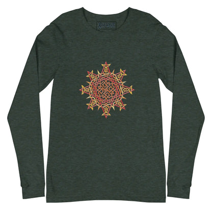 A heather forest green Xigfireon long sleeve graphic t-shirt featuring the Fire Colour iteration of the Morning Star Fire Celtic knot design. The Morning Star Fire Celtic knot is a Sun symbol.