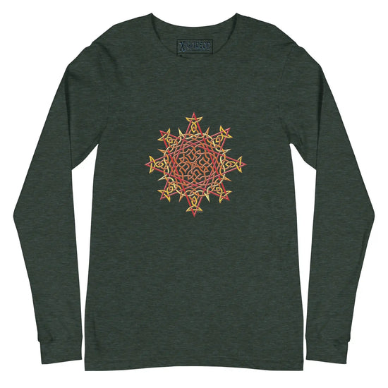 A heather forest green Xigfireon long sleeve graphic t-shirt featuring the Fire Colour iteration of the Morning Star Fire Celtic knot design. The Morning Star Fire Celtic knot is a Sun symbol.