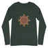 A heather forest green Xigfireon long sleeve graphic t-shirt featuring the Fire Colour iteration of the Morning Star Fire Celtic knot design. The Morning Star Fire Celtic knot is a Sun symbol.