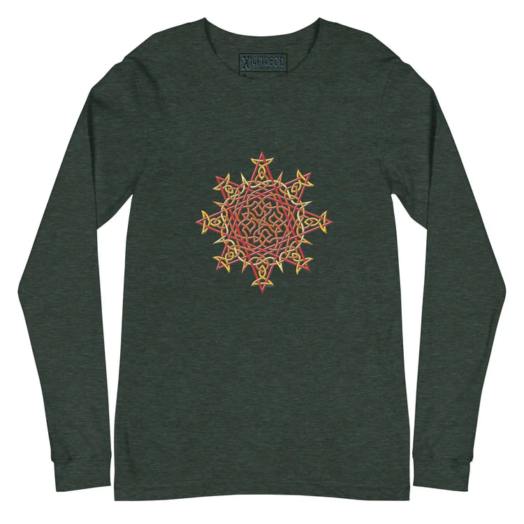 A heather forest green Xigfireon long sleeve graphic t-shirt featuring the Fire Colour iteration of the Morning Star Fire Celtic knot design. The Morning Star Fire Celtic knot is a Sun symbol.