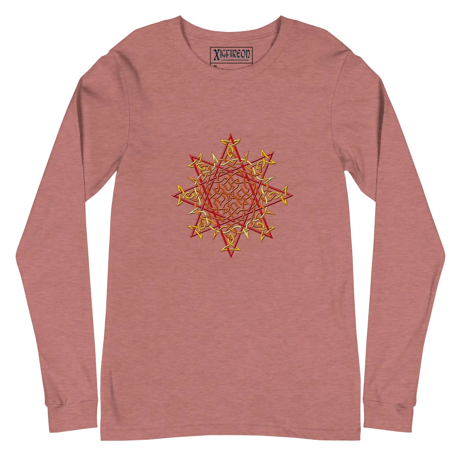 A heather mauve Xigfireon long sleeve graphic t-shirt featuring the Fire Colour iteration of the Morning Star Fire Celtic knot design. The Morning Star Fire Celtic knot is a Sun symbol.