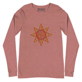 A heather mauve Xigfireon long sleeve graphic t-shirt featuring the Fire Colour iteration of the Morning Star Fire Celtic knot design. The Morning Star Fire Celtic knot is a Sun symbol.