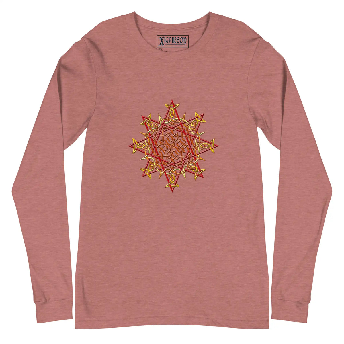 A heather mauve Xigfireon long sleeve graphic t-shirt featuring the Fire Colour iteration of the Morning Star Fire Celtic knot design. The Morning Star Fire Celtic knot is a Sun symbol.