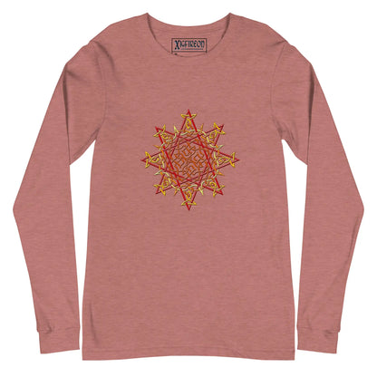 A heather mauve Xigfireon long sleeve graphic t-shirt featuring the Fire Colour iteration of the Morning Star Fire Celtic knot design. The Morning Star Fire Celtic knot is a Sun symbol.