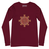 A maroon Xigfireon long sleeve graphic t-shirt featuring the Fire Colour iteration of the Morning Star Fire Celtic knot design. The Morning Star Fire Celtic knot is a Sun symbol.