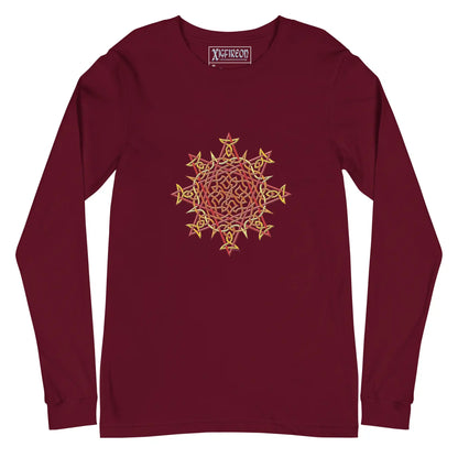 A maroon Xigfireon long sleeve graphic t-shirt featuring the Fire Colour iteration of the Morning Star Fire Celtic knot design. The Morning Star Fire Celtic knot is a Sun symbol.