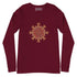 A maroon Xigfireon long sleeve graphic t-shirt featuring the Fire Colour iteration of the Morning Star Fire Celtic knot design. The Morning Star Fire Celtic knot is a Sun symbol.