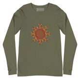 A military green Xigfireon long sleeve graphic t-shirt featuring the Fire Colour iteration of the Morning Star Fire Celtic knot design. The Morning Star Fire Celtic knot is a Sun symbol.