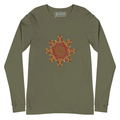 A military green Xigfireon long sleeve graphic t-shirt featuring the Fire Colour iteration of the Morning Star Fire Celtic knot design. The Morning Star Fire Celtic knot is a Sun symbol.