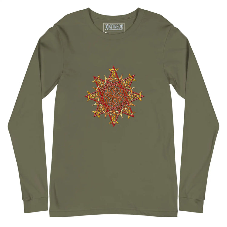 A military green Xigfireon long sleeve graphic t-shirt featuring the Fire Colour iteration of the Morning Star Fire Celtic knot design. The Morning Star Fire Celtic knot is a Sun symbol.